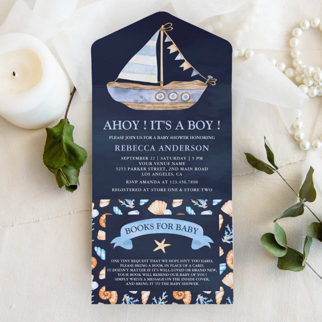 Invitation Tout En Un Russe Nautique Baby shower bleu marine (Créateur téléchargé)