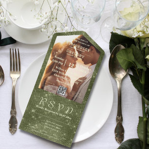 Invitation Tout En Un Russe Olive Green Faux Burlap Photo QR Code