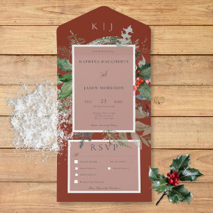 Invitation Tout En Un Russe Red Winter Holly & Pine Trois Dîner