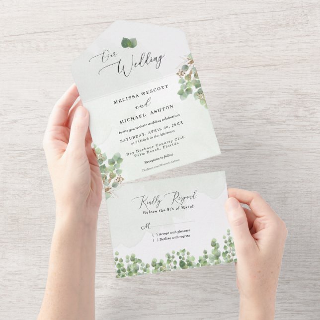 Invitation Tout En Un Russe Sage Vert Aquarelle Eucalyptus Mariage (Déchirure)