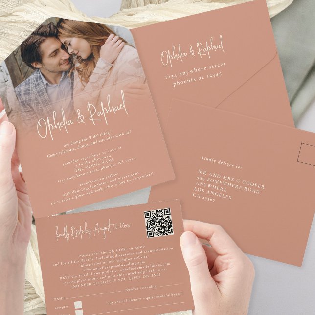 Invitation Tout En Un Russe superposition photo QR Code Mariage en terre (All in One Invitation and RSVP with optional recipient name and address)
