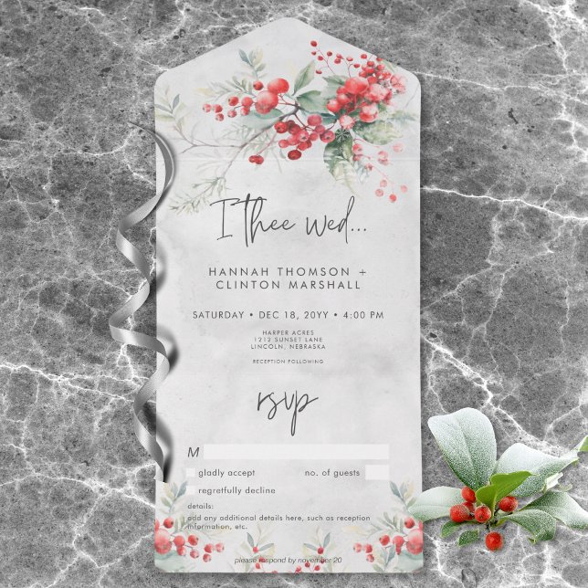 Invitation Tout En Un Russe Winter Holly & Pine Mariage Pas de dîner (Rustic Winter Berries & Pine Wedding No Dinner All In One Invitation)