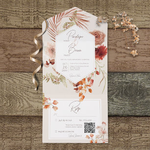 Invitation Tout En Un Rust Blush Fall Boho Floral Frame Cream QR Code