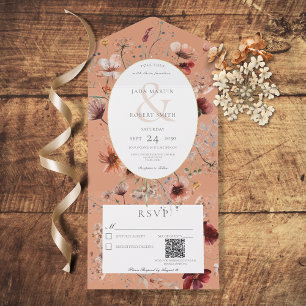 Invitation Tout En Un Rust & Burange Fleur sauvage Floral QR Code
