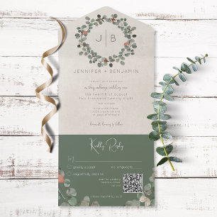 Invitation Tout En Un Rust & Dark Sage Green Eucalyptus Code QR moderne