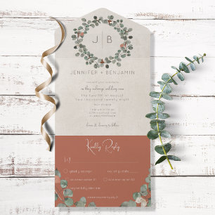 Invitation Tout En Un Rust & Green Eucalyptus Dîner Moderne