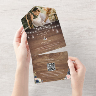 Invitation Tout En Un Rustic Barn Wood & Floral Mariage QR Code Photo