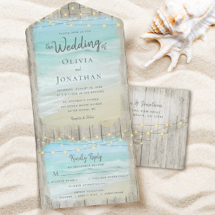 Invitation Tout En Un Rustic Beach String Lumières Destination Mariage