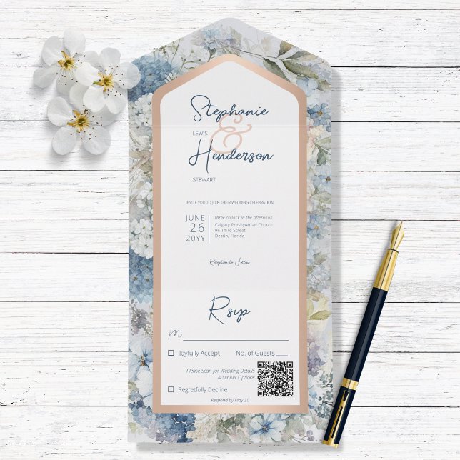 Invitation Tout En Un Rustic Blue Floral & Rose Gold QR Code (Créateur téléchargé)