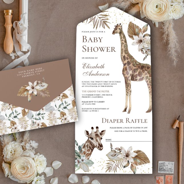 Invitation Tout En Un Rustic Boho Wild Safari Baby shower de girafe (Créateur téléchargé)