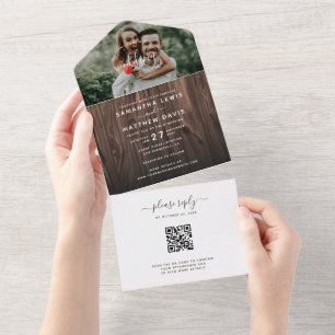 Invitation Tout En Un Rustic Bois Photo Mariage extérieur QR Code RSVP