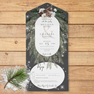 Invitation Tout En Un Rustic Charcoal Black Pine Winter Sparkings Détail