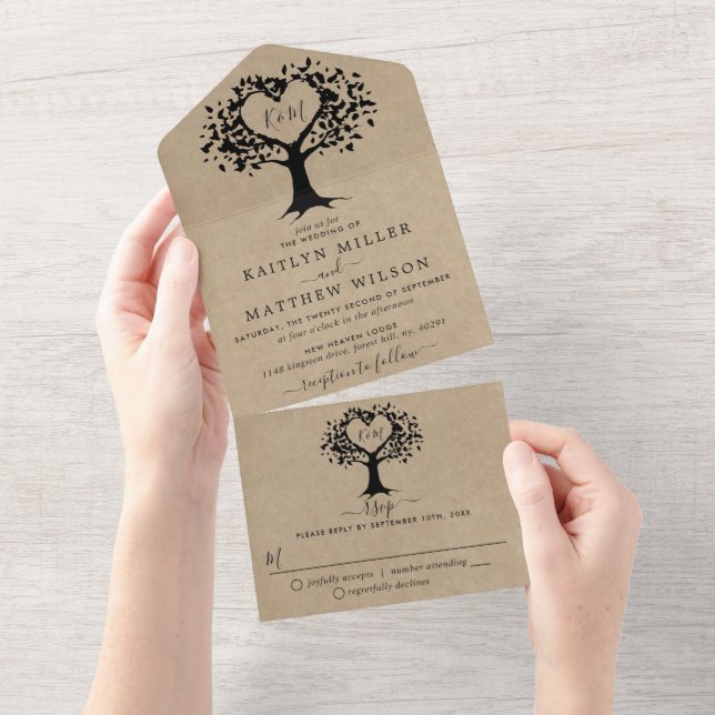 Invitation Tout En Un Rustic Country Kraft Monogram Mariage d'arbre card (Déchirure)