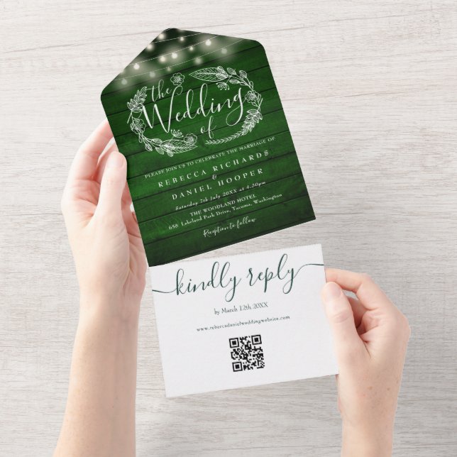 Invitation Tout En Un Rustic Emerald Green QR Code Chaîne Mariage (Déchirure)