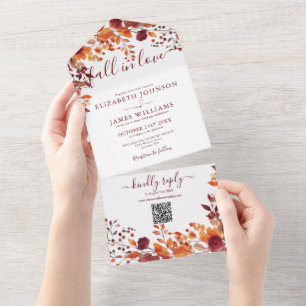 Invitation Tout En Un Rustic Fall In Love Automne Floral QR Code Mariage