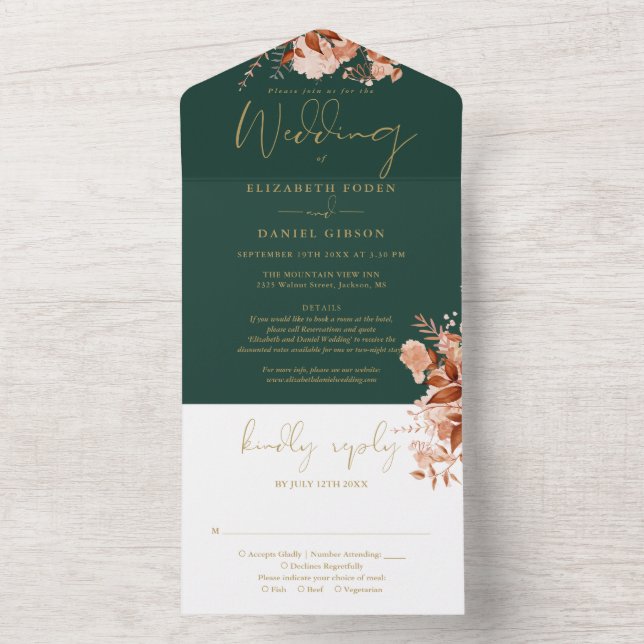 Invitation Tout En Un Rustic Floral Emerald Gold Détails Mariage RSVP (À l'intérieur)