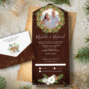 Invitation Tout En Un Rustic Grange Bois Pine Cône Photo Noël Mariage