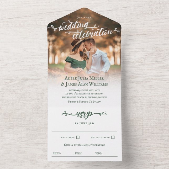 Invitation Tout En Un Rustic Green Brush Script Mariage photo (À l'intérieur)
