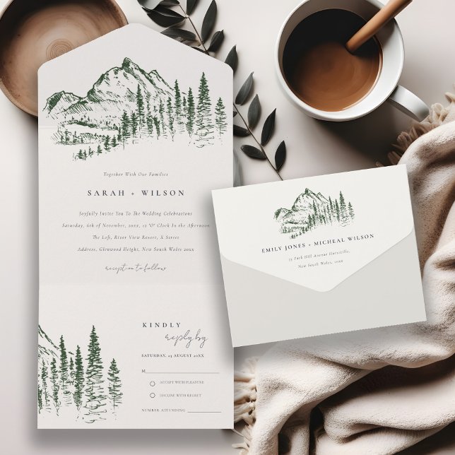 Invitation Tout En Un Rustic Green Pine Woods Mountain Sketch Mariage (Créateur téléchargé)