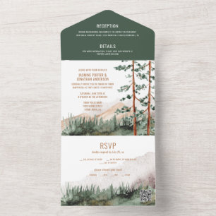 Invitation Tout En Un Rustic Mountains Pine Trees Fog Mariage QR Code