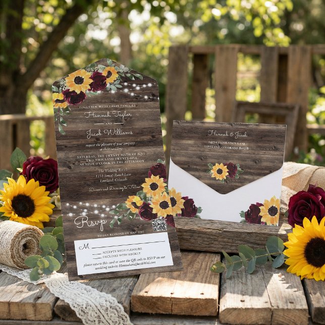 Invitation Tout En Un Rustic Sunflower Roses QR Code Wedding (Créateur téléchargé)