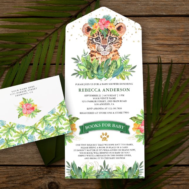 Invitation Tout En Un Rustic Tropical Jungle Safari Baby shower Leopard (Créateur téléchargé)