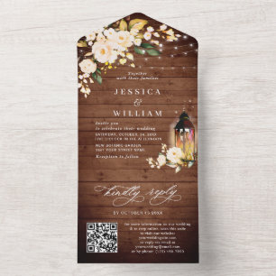 Invitation Tout En Un Rustic Wood Blush Rose code QR Mariage