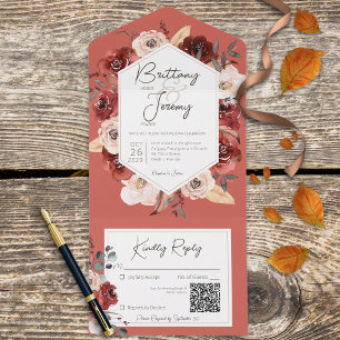Invitation Tout En Un Rustique Automne Rust Floral sur Rust QR Code