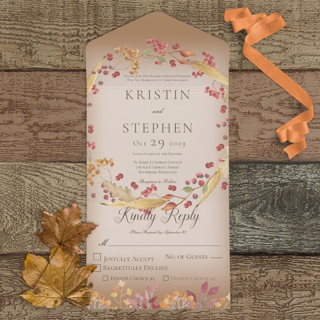 Invitation Tout En Un Rustique Autumn Leaf & Berry Wreath Dîner Brown (Créateur téléchargé)