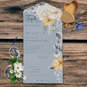Invitation Tout En Un Rustique Bleu Jaune & Blanc Floral Bleu Dîner