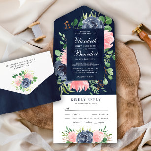 Invitation Tout En Un Rustique Blush rose Floral Mariage bleu marine