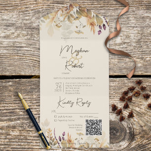 Invitation Tout En Un Rustique Boho Automne Fleur sauvage Cream QR Code