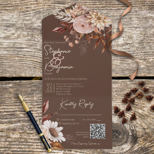 Invitation Tout En Un Rustique Boho Blush Neutres Floral Brown QR Code