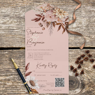 Invitation Tout En Un Rustique Boho Blush Neutres Floral Rose QR Code