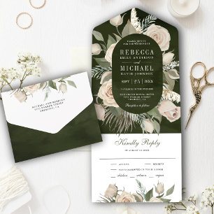 Invitation Tout En Un Rustique Boho Ivoire Roses Dark Sage Vert Mariage