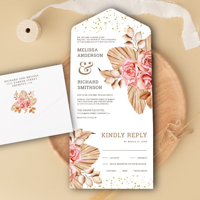 Invitation Tout En Un Rustique Boho séché Palm Earthy Peach Rose Mariage (Créateur téléchargé)