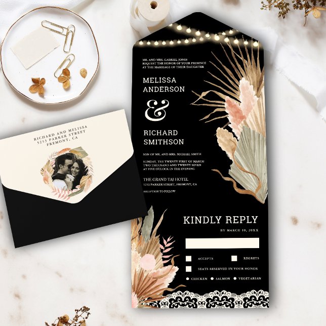 Invitation Tout En Un Rustique Boho séché Palm Pampas Mariage noir (Créateur téléchargé)