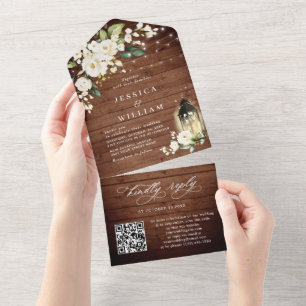 Invitation Tout En Un Rustique Bois blanc Roses Mariage QR code