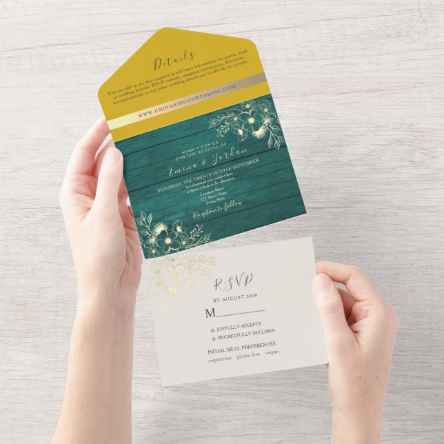 Invitation Tout En Un Rustique bois émeraude vert et Mariage jaune (Déchirure)