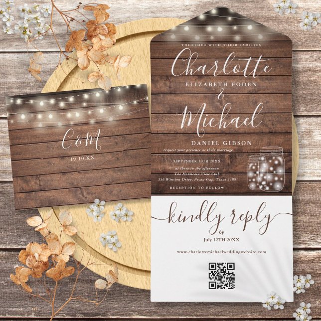 Invitation Tout En Un Rustique Bois QR Code Mason Jars Lumières Mariage (Rustic Wood QR Code Mason Jars Lights Wedding All In One Invitation)