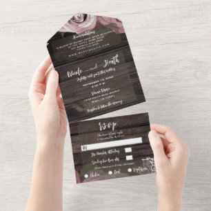 Invitation Tout En Un Rustique Bois Rose Poussiéreux Mariage Dentelle Vi