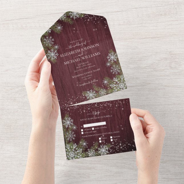 Invitation Tout En Un Rustique Bourgogne Argent Hiver Bois Mariage +Menu (Déchirure)