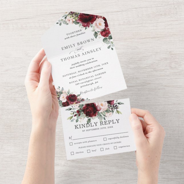 Invitation Tout En Un Rustique Bourgogne Blush Floral Greenery Mariage (Déchirure)