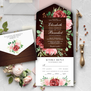 Invitation Tout En Un Rustique Bourgogne et rose pâle Mariage en bois fl