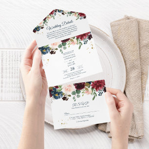 Invitation Tout En Un Rustique Bourgogne Marine Bleu & Rouge Beauté Fleu