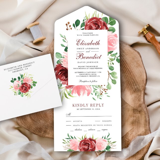 Invitation Tout En Un Rustique Bourgogne rouge et rose pâle Mariage flor (Créateur téléchargé)