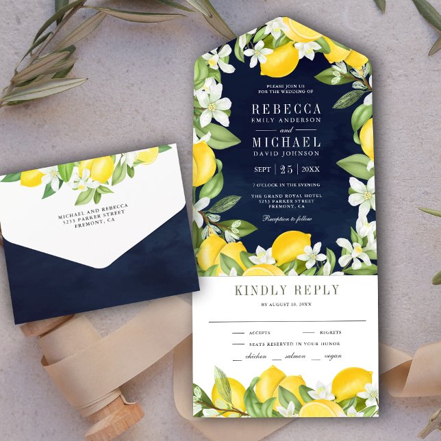 Invitation Tout En Un Rustique Citrus Lemon Orchard Mariage bleu marine (Créateur téléchargé)