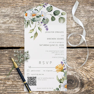 Invitation Tout En Un Rustique Daisy & Lavender Floral Blanc QR Code