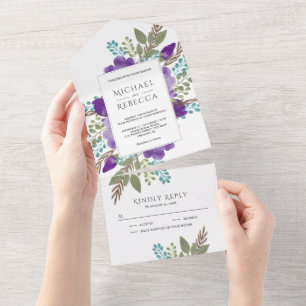 Invitation Tout En Un Rustique Dusty violet Mariage de bouquet floral