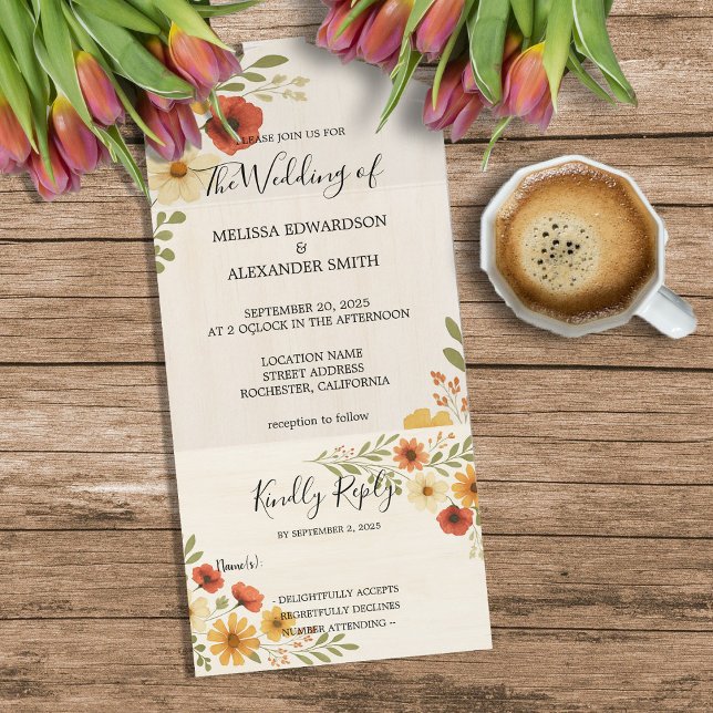 Invitation Tout En Un Rustique élégant boho aquarelle mariage (Rustic elegant boho watercolor floral wedding all in one invitation. An invitation and RSVP in one.)